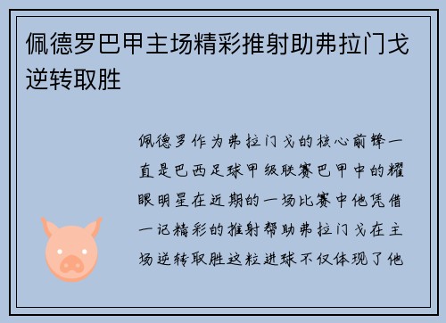 佩德罗巴甲主场精彩推射助弗拉门戈逆转取胜